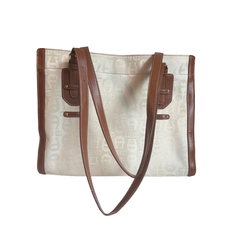 Etienne Aigner Logo Jacquard Canvas Tote Bag Brown Trim‎ 36230